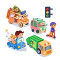 Cute cars and drivers in city. Set of Cartoon funny characters for design. People and transport, traffic jam in town