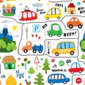 Cute Cars Seamless Pattern  Cartoon transportation Doodles Background  vector Illustration Royalty Free Stock Photo