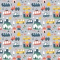 Cute Cars Seamless Pattern, Cartoon transportation Doodles Background, vector Illustration