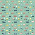 Cute Cars Seamless Pattern, Cartoon transportation Doodles Background, vector Illustration Royalty Free Stock Photo