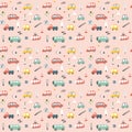 Cute Cars Seamless Pattern, Cartoon transportation Doodles Background, vector Illustration Royalty Free Stock Photo