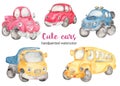 Cute cars watercolor clipart. Cartoon illustrations car beetle, off road SUV, school bus, pickup, truck