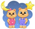 Cute carton bear couple with star and moon balloons. Royalty Free Stock Photo