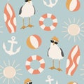 Cute cartoon abstract seamless vector pattern background illustration with seagull character, anchor, surfboard, sun and other col
