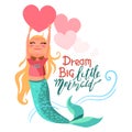 Cute, cartoon, adorable girl mermaid keeping the bright pink big heart Royalty Free Stock Photo