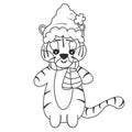 Cute cartoon adorable hand drawn character black and white baby tiger with santa claus hat christmas vector illustration for color Royalty Free Stock Photo