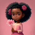 Cute Cartoon African American Girl in a Pink Dress Holding a Flower, Generative AI Royalty Free Stock Photo