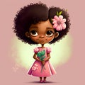 Cute Cartoon African American Girl in a Pink Dress Holding a Flower, Generative AI Royalty Free Stock Photo