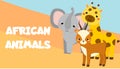 Cute cartoon african animals. Elephant, giraffe, antelope. Vector banner