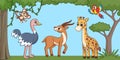 Cute cartoon african exotic animals background. Wild animals illustration, vector kids adventure book scene with monkey Royalty Free Stock Photo