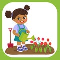 Cute Cartoon Afro American Girl With Watering Can Working In Garden. Young Farmer Girl.