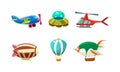 Cute cartoon aircrafts bright colors set, airplane, blimp, ufo, helicopter, hot air balloon vector Illustration on a Royalty Free Stock Photo