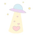 Cute cartoon alien spaceship abducts hearts funny concept illustration Royalty Free Stock Photo