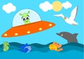 Cute cartoon alien visit the sea funny illustration for kids Royalty Free Stock Photo