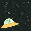 Cute cartoon alien writes heart in the sky romantic and funny illustration