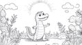 Cute Dinosaur Standing in Nature, Line Art Royalty Free Stock Photo