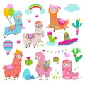 Cute cartoon alpaca with cacti. Llama star, peru chile animals and mountain, rainbow, cactus. Mexican isolated funny