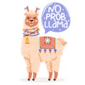 Cute cartoon alpaca. No probllama motivational and inspirational lettering phrase.