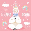 Cute cartoon alpaca with a unicorn horn. Llamacorn inspirational lettering phrase with rainbow, cloud and star.