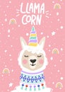 Cute cartoon alpaca with a unicorn horn. Llamacorn inspirational lettering phrase with rainbow and star.