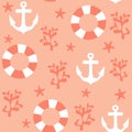 Cute cartoon anchor, red coral, starfish and lifebuoy seamless vector pattern background illustration Royalty Free Stock Photo