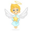 Cute cartoon angel holding a star. Christmas cartoon. Vector illustration isolated