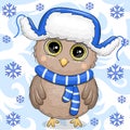Cute cartoon baby owl in blue winter hat with ear flaps. Royalty Free Stock Photo