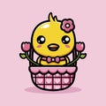 Cute cartoon animal chick character is in a basket decorated with flowers Royalty Free Stock Photo