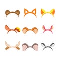 Cute cartoon animal ears set for holiday celebration, masquerade head decor, Xmas and New Year mask set.