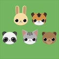 Cute cartoon animal faces: rabbit, tiger, bear, panda and cat