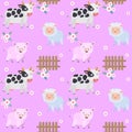 Cute cartoon animal farm with cow, sheep and pig seamless pattern. Royalty Free Stock Photo