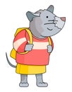 Cute cartoon animal mouse student or pupil with yellow backpack, smiling, grey mousy girl in skirt Royalty Free Stock Photo