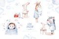 Cute cartoon animal zebra, hippo, giraffe doctor. pediatrics kids boy and girl. pills, ambulance, mask, bacteria, viruses,