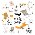 Cute cartoon animals doing yoga exercises in the forest
