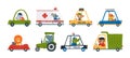 Cute cartoon animals driving auto. Pets drive cars, funny animal transport. Ambulance and truck, police and taxi. Kids