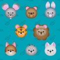 Cute cartoon animals face icon set, vector illustration