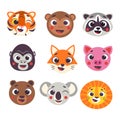 Cute cartoon animals faces set part 1. Vector illustration isolated on white background. Tiger, monkey, raccoon, gorilla, fox, pig Royalty Free Stock Photo
