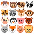 Cute cartoon animals head round shape.