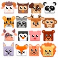 Cute cartoon animals head squar shape. Bear, cat, dog, pig, rabbit, cow, deer, lion, sheep, tiger, owl, panda, raccoon, monkey, pe