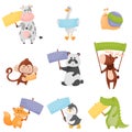 Cute Cartoon Animals Holding Colorful Blank Banners Vector Illustrations Set Royalty Free Stock Photo