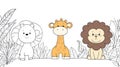 Cute Cartoon Safari Animals for Coloring Page Lion, Giraffe, Teddy Bear Royalty Free Stock Photo
