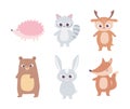 Cute cartoon animals little bear raccoon deer rabbit fox and hedgehog