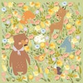 Cute Cartoon Animals meeting Spring on Flowers Meadow