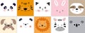 Cute cartoon animals panda, tiger, cat, rabbit, sloth, pug, bear, lion, zebra and koala, kawaii flat style. Royalty Free Stock Photo