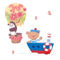 Cute cartoon animals transport vehicle ship and balloon. Vector