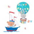 Cute cartoon animals transport vehicle ship and balloon. Vector