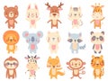 Cute cartoon animals. Waving giraffe, funny farm cow and happy bear mascot. Jungle zoo animal and smiling baby pets vector Royalty Free Stock Photo