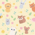 Cute cartoon animals wild little lion squirrel bear raccoon cat flowers foliage background Royalty Free Stock Photo