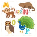 Cute cartoon animals. Zoo alphabet with funny animals. M, n, o, Royalty Free Stock Photo