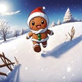 Cute cartoon anime gingerbread man in santa hat running in the snowy field